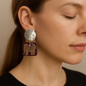 Pierced Earrings Elephant Silver Purple Copper colors dangle 2” long